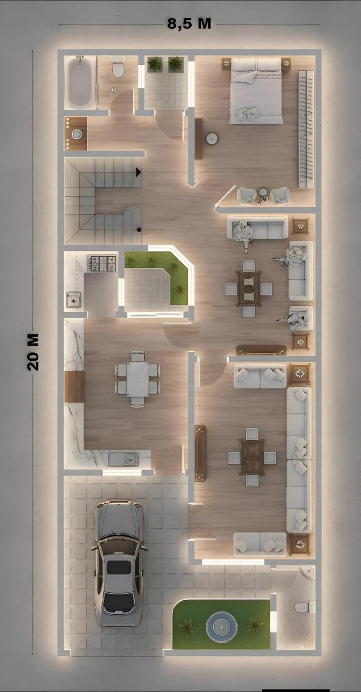 Denah Desain Rumah 8,5 x 20 Meter 2 Lantai dengan Inner Garden Void